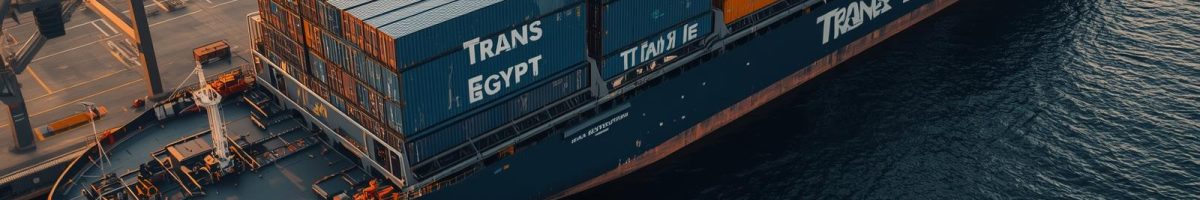 I need image for Facebook post about modern trans Egypt company shipping and cargo I need name of company write on container and ship 1200x200