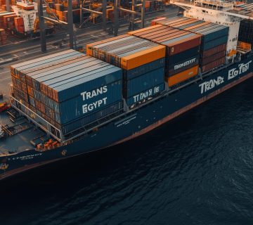 I need image for Facebook post about modern trans Egypt company shipping and cargo I need name of company write on container and ship 360x320
