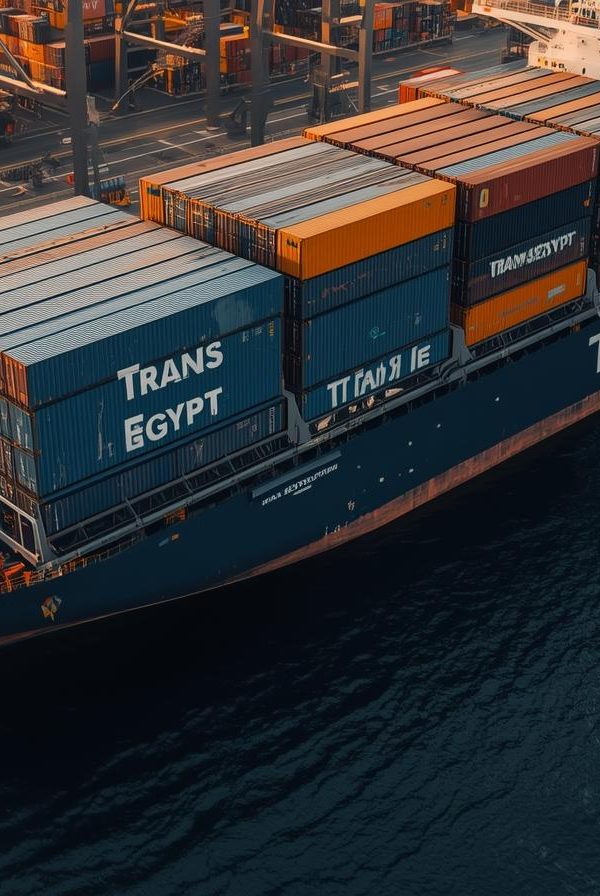 I need image for Facebook post about modern trans Egypt company shipping and cargo I need name of company write on container and ship 600x896