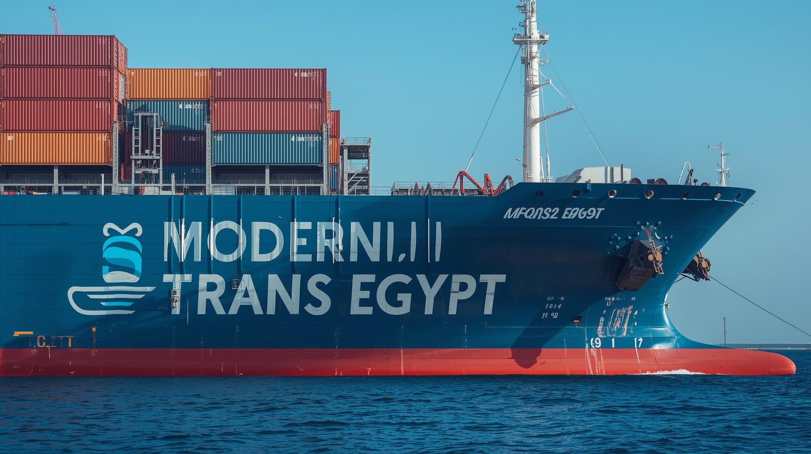 I need image for Facebook post about modern trans Egypt company shipping and cargo I need name of company write on container and ship type full name modern trans Egypt 1