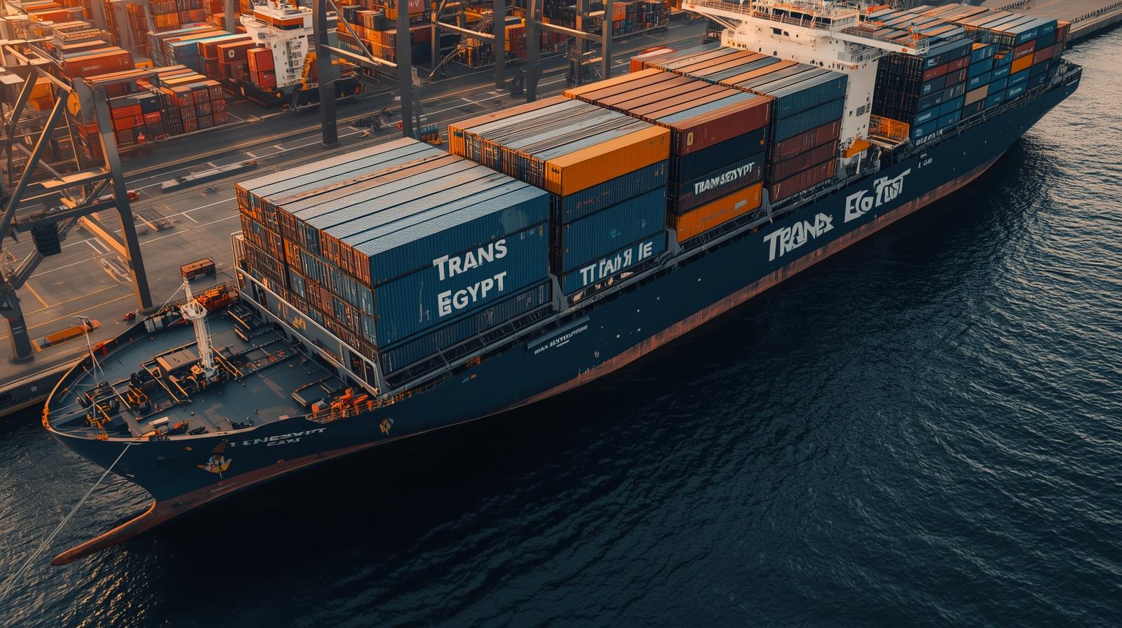 I need image for Facebook post about modern trans Egypt company shipping and cargo I need name of company write on container and ship